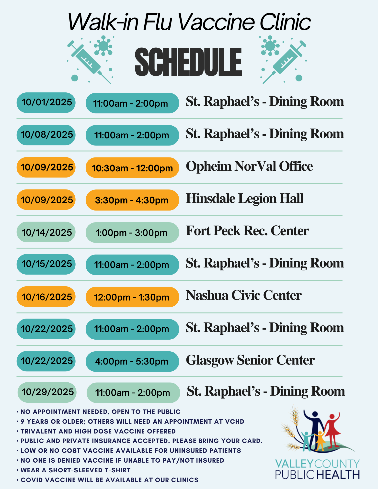 Flu clinic schedule - October 2025